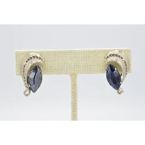 West Germany Vintage Clip On Earrings Black Crystal Marquise Silver Signed BinW